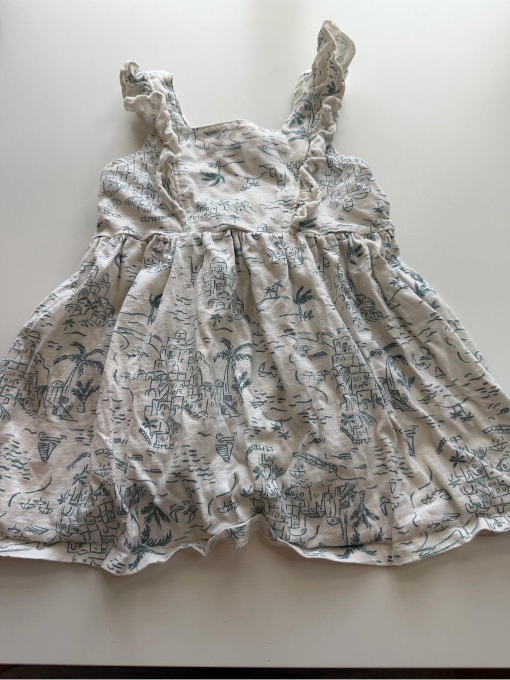 Cream Ruffled Sundress with Teal Scenic Print for Girls